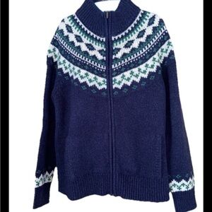 L.L.Bean Fair Isle Arctic BLUE White Green Zip Sweater Jacket Lambswool Womens M